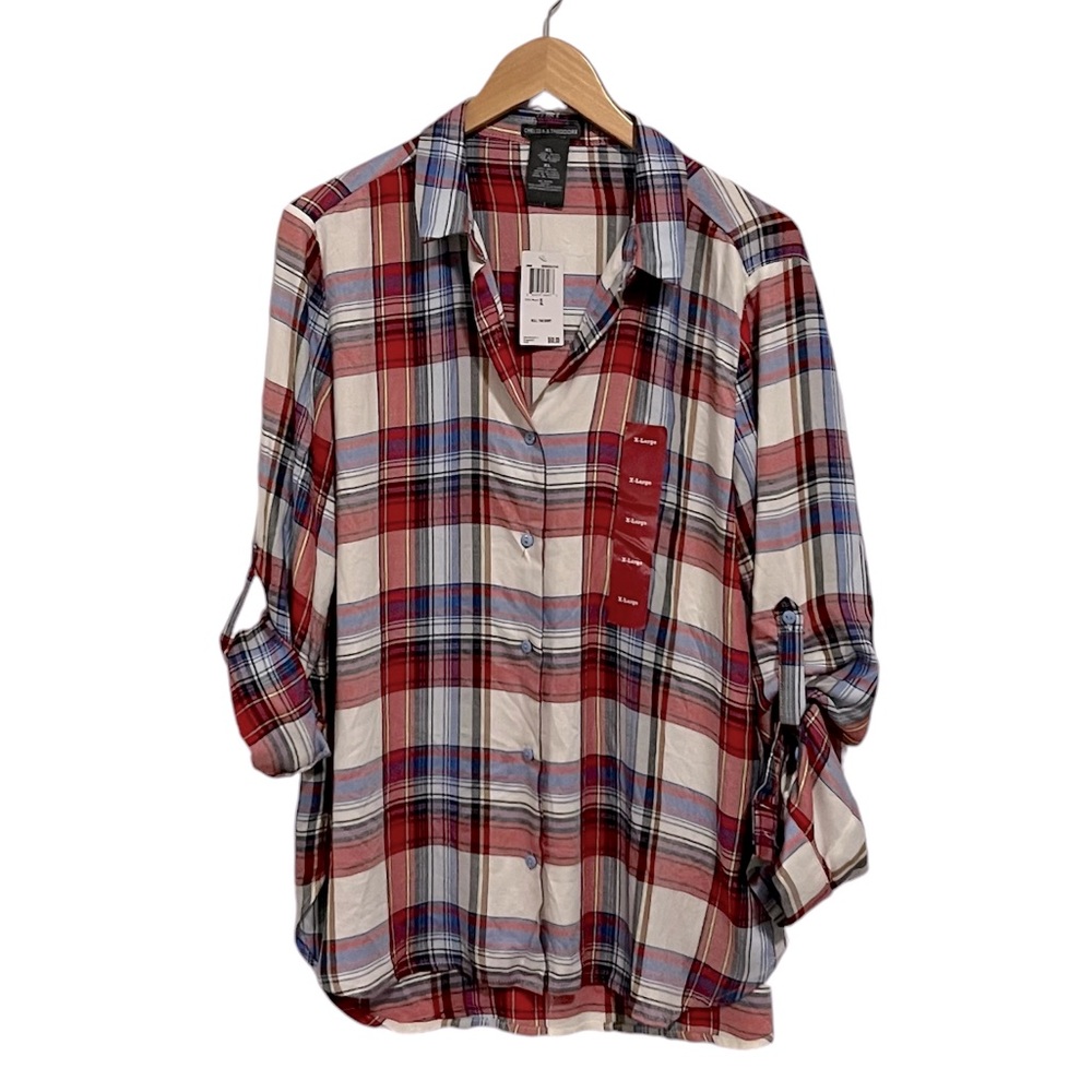 Chelsea & Theodore Red/White/Blue Plaid  Roll Tab Sleeve Size XL NWT